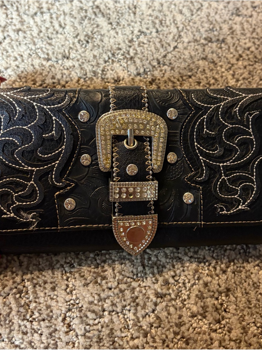 Black Embossed Western Wallet with Rhinestone Buckle
